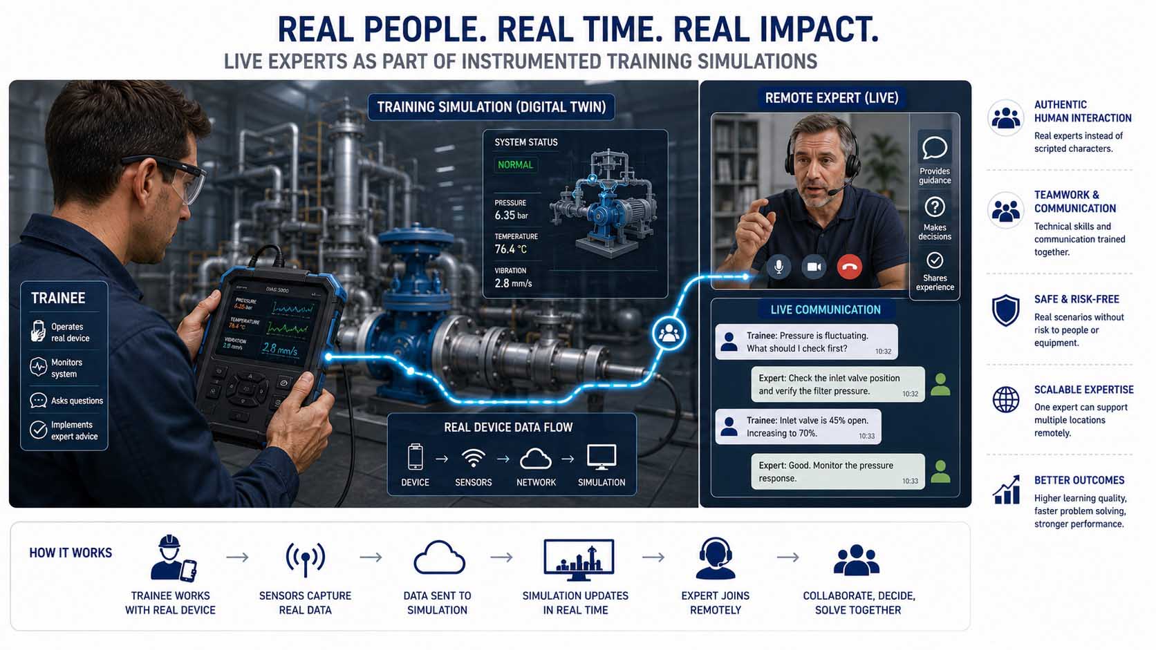 Four-part infographic arranged around a central graphic labeled 'Instrumented Training Simulation': top left, a safety trainer with a sensor-equipped training weapon; top right, a firefighter with sensor boots in a CAVE environment; bottom left, a medical team at a sensor-equipped training manikin; bottom right, an industrial worker using a real control panel in a VR training environment