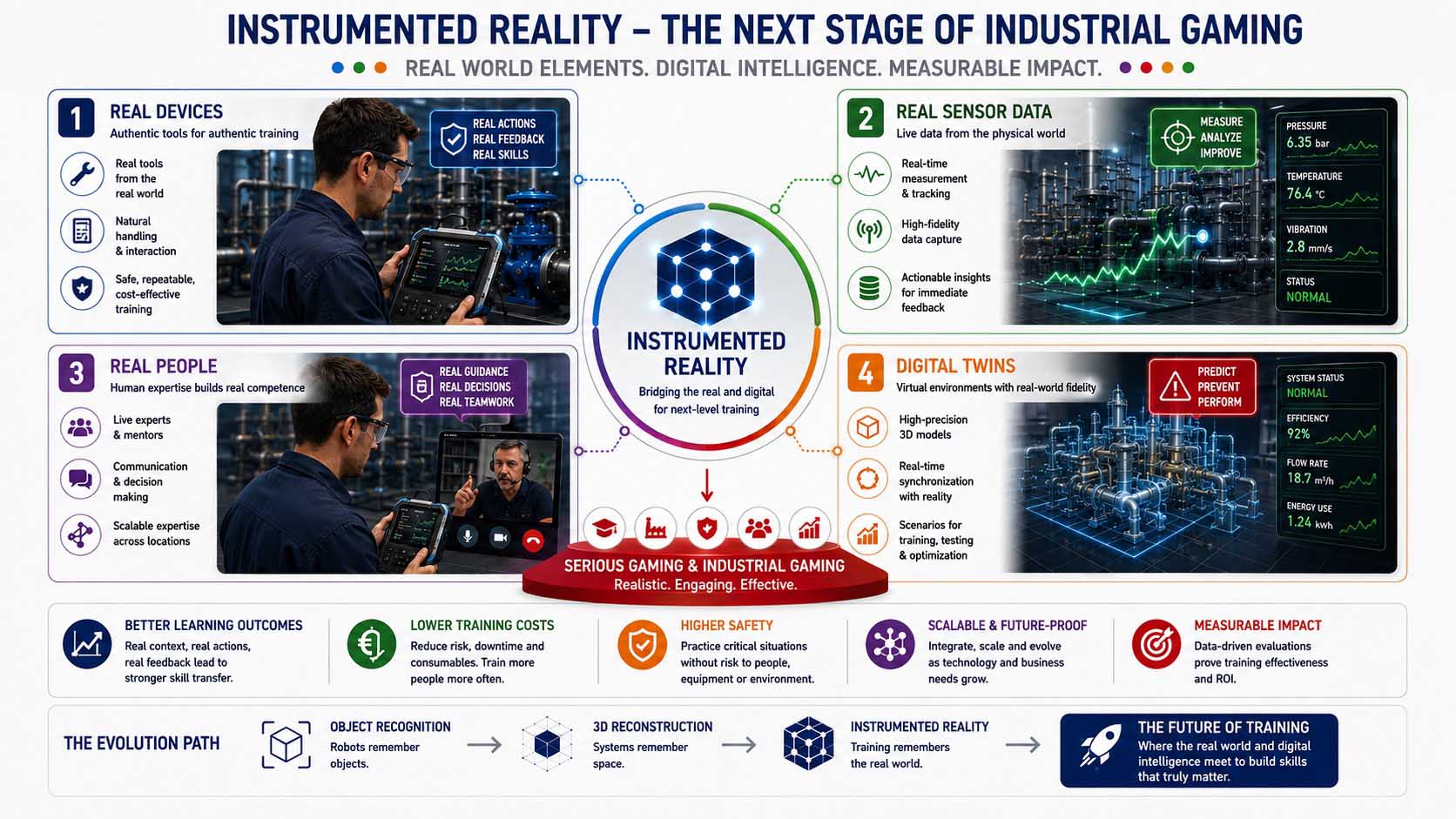Central graphic labeled 'Instrumented Reality' in the middle, surrounded by four building blocks labeled 'Real Devices', 'Real Sensor Data', 'Real People', and 'Digital Twins', at the bottom a shared foundation layer labeled 'Serious Gaming and Industrial Gaming'