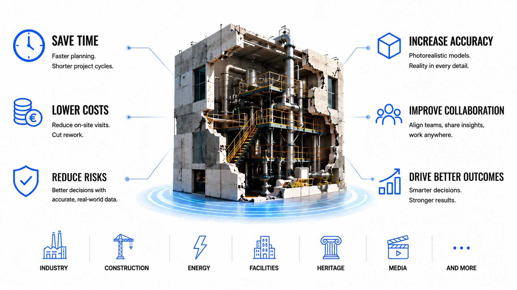 Industriehalle als Gaussian-Splat-Digital-Zwilling, ein Erfassungsrig auf einem Stativ im Vordergrund, dahinter eine Produktionslinie und Maschinen als feinkörnige, fotorealistische Punktwolke dargestellt, mit eingeblendeten Messpunkten an einzelnen Bauteilen und einem kleinen Symbol für die Anbindung an laufende Sensordaten
