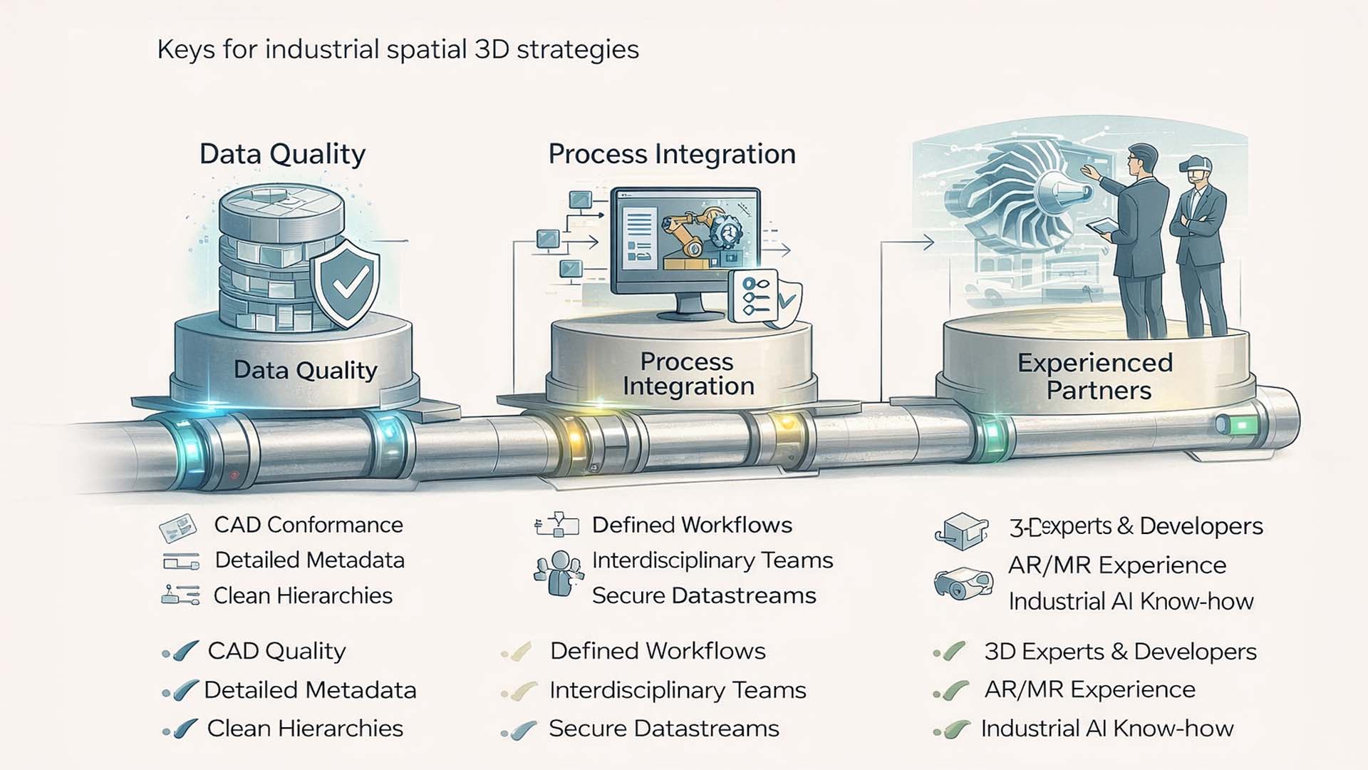 Infographic showing the foundations for sustainable spatial 3D pipelines: CAD data quality, process integration, and expert partner capabilities, enabling scalable industrial spatial computing