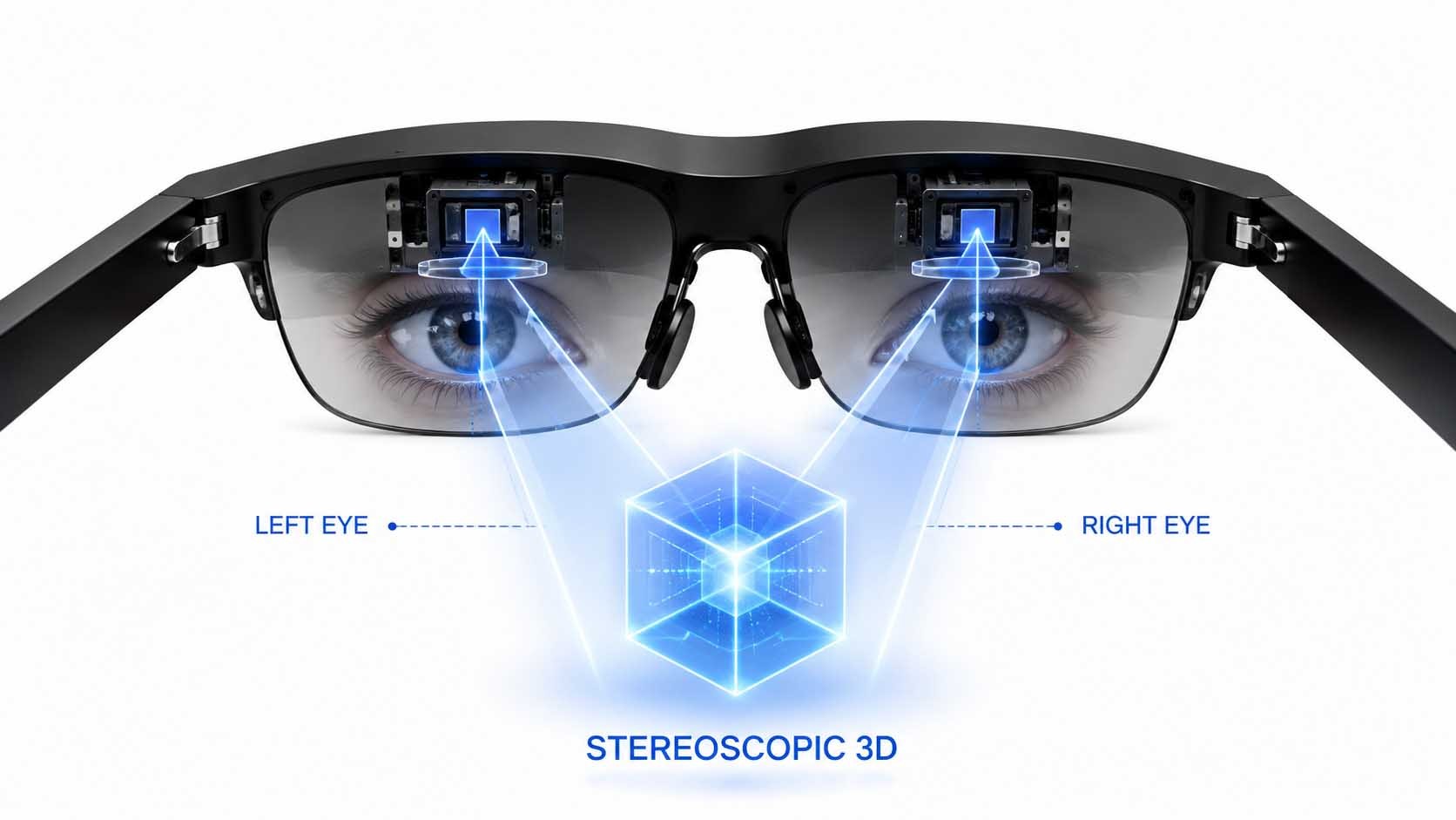 Technische Nahaufnahme: zwei kleine Micro-OLED-Displays in einem Brillengestell, von jedem Display führt ein leicht versetzter Lichtstrahl zu einem jeweiligen Auge, in der Mitte verschmelzen beide Strahlen zu einem dreidimensionalen, schwebenden Objekt mit sichtbarer Tiefenwirkung