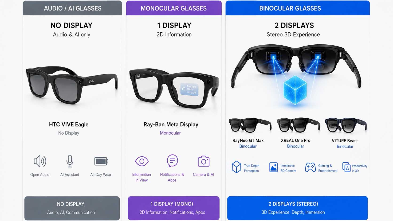 Visualisierung Tabelle: Vergleich aktueller Smart Glasses namhafter Hersteller nach Displaytechnik, Sichtfeld, Tracking und Preis