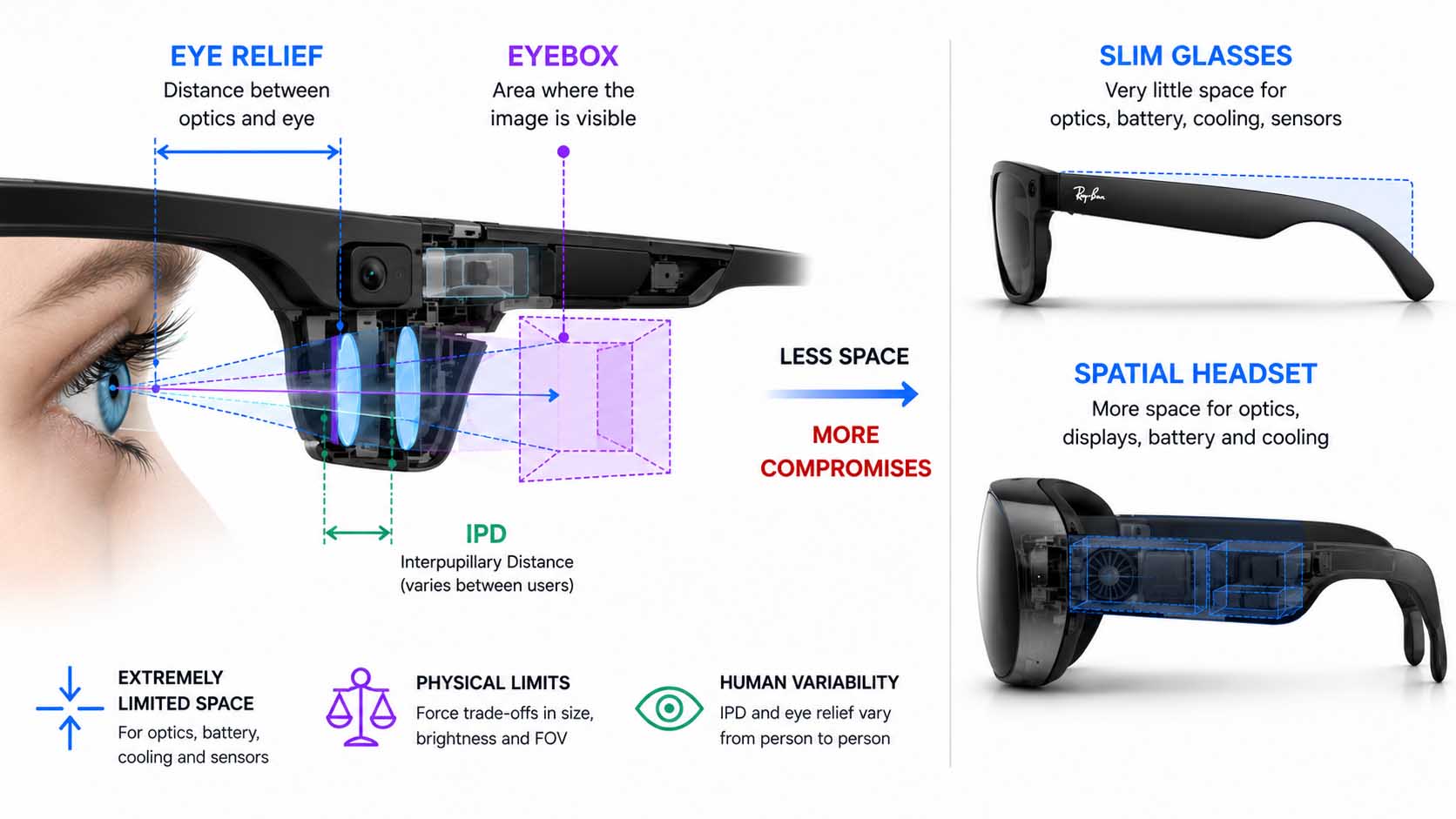 Technische Querschnittzeichnung eines Brillenglases von der Seite: gestrichelte Linien markieren Eye Relief als Abstand vom letzten optischen Bauteil zum Auge und Eyebox als räumlichen Sichtbereich davor, daneben zwei Silhouetten unterschiedlicher Augenabstände (IPD), die beide innerhalb derselben Eyebox liegen müssen, im Hintergrund unscharf zwei Vergleichsprofile, ein schlankes Sonnenbrillengestell und ein dickeres Techno-Brillengestell mit sichtbar mehr Platz für die Optik