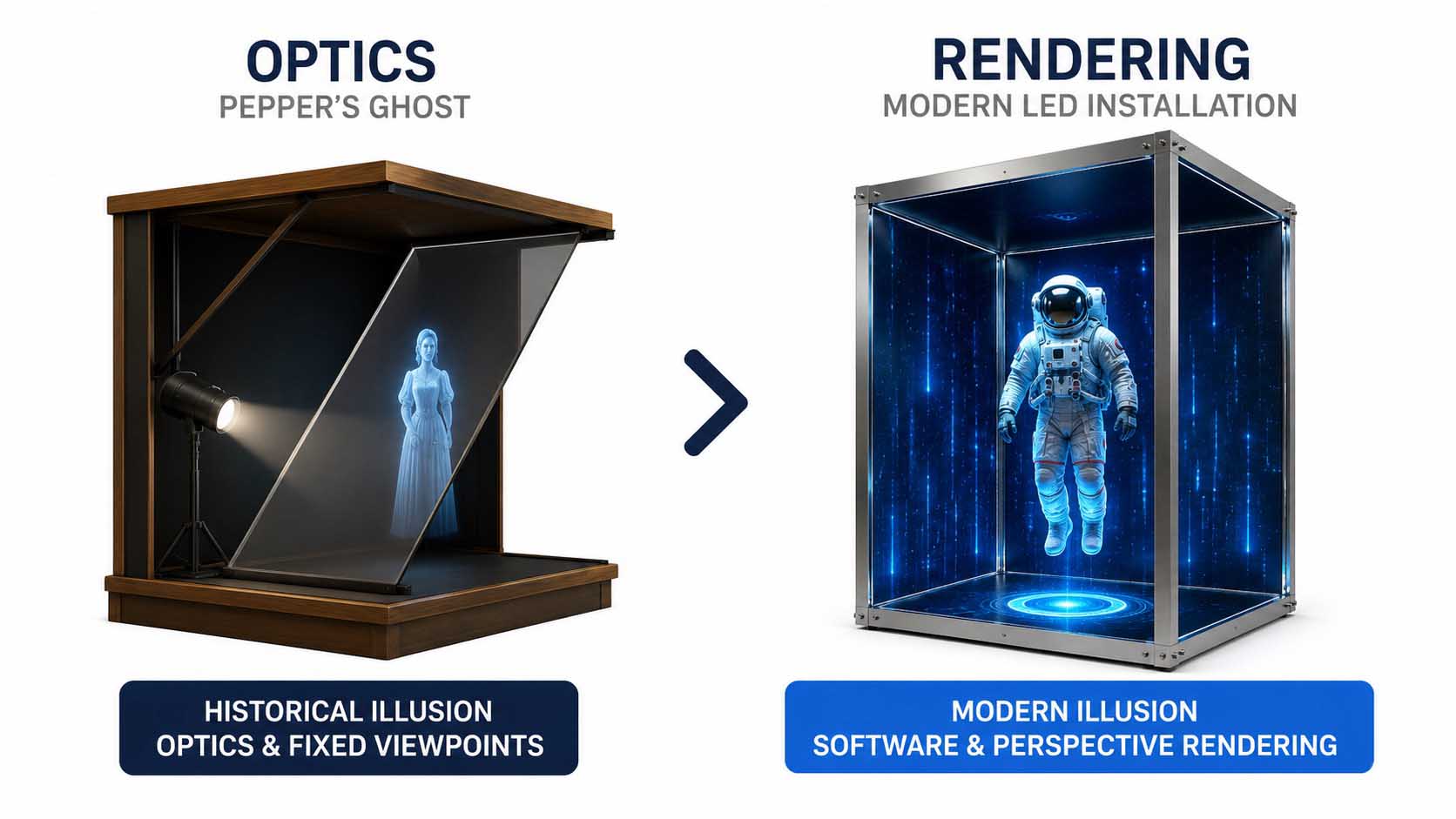 Split-Grafik: links eine historische Pepper's-Ghost-Bühnenkonstruktion mit schräg angeordneter Glasscheibe und Lichtquelle, rechts eine moderne quadratische LED-Panel-Box, in deren Innerem eine dreidimensionale Figur zu schweben scheint, mit einer Beschriftung 'Optik' auf der linken und 'Rendering' auf der rechten Seite