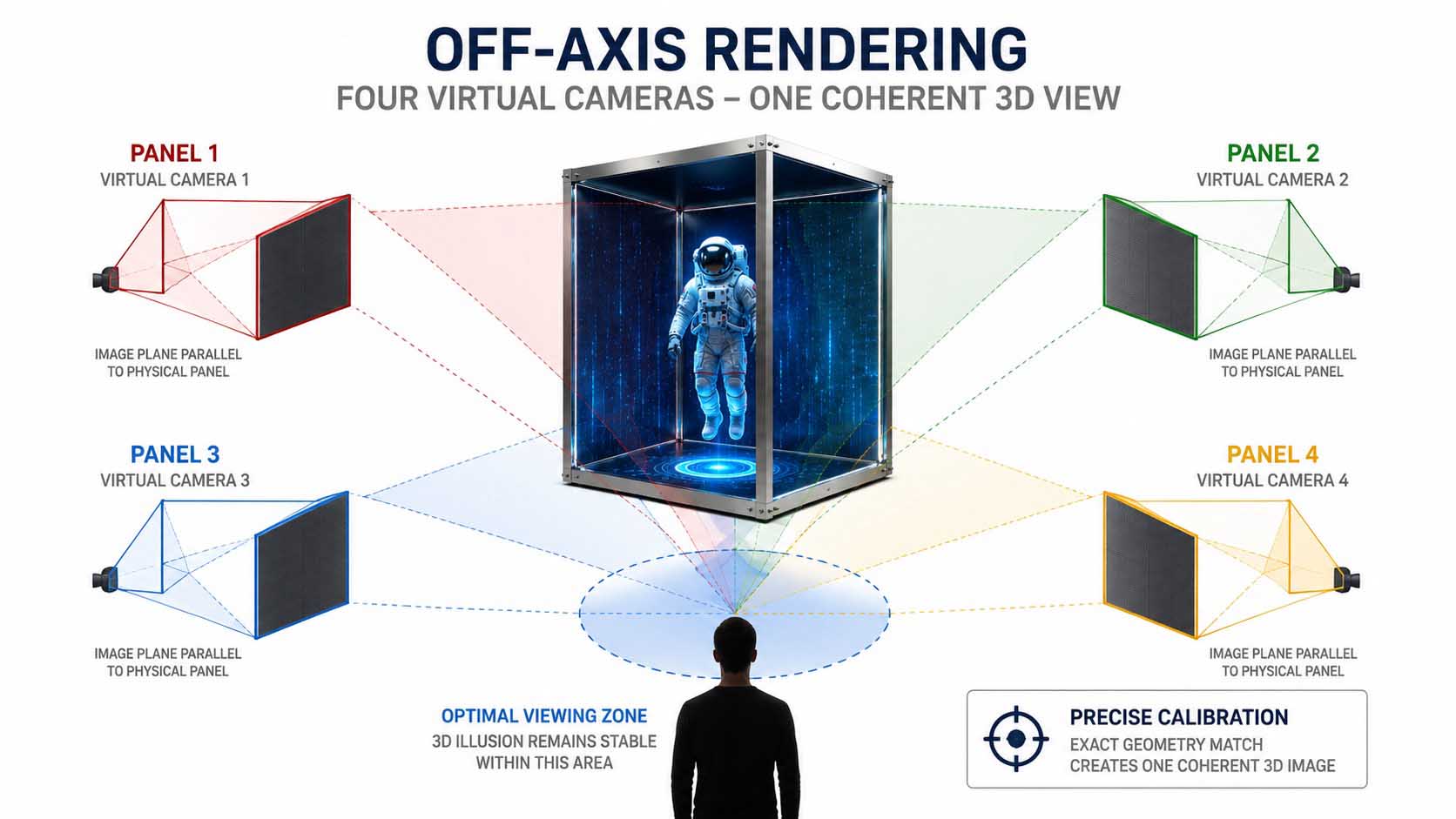 Technische Schnittgrafik von oben: eine quadratische Anordnung aus vier LED-Panels, von jedem Panel geht ein asymmetrischer Sichtkegel in Richtung eines gemeinsamen virtuellen Objekts in der Mitte aus, feine Maßlinien markieren die exakte Ausrichtung jedes Sichtkegels auf die Kanten des jeweiligen Panels, ein gestrichelter Kreis um die Installation markiert die optimale Betrachtungszone