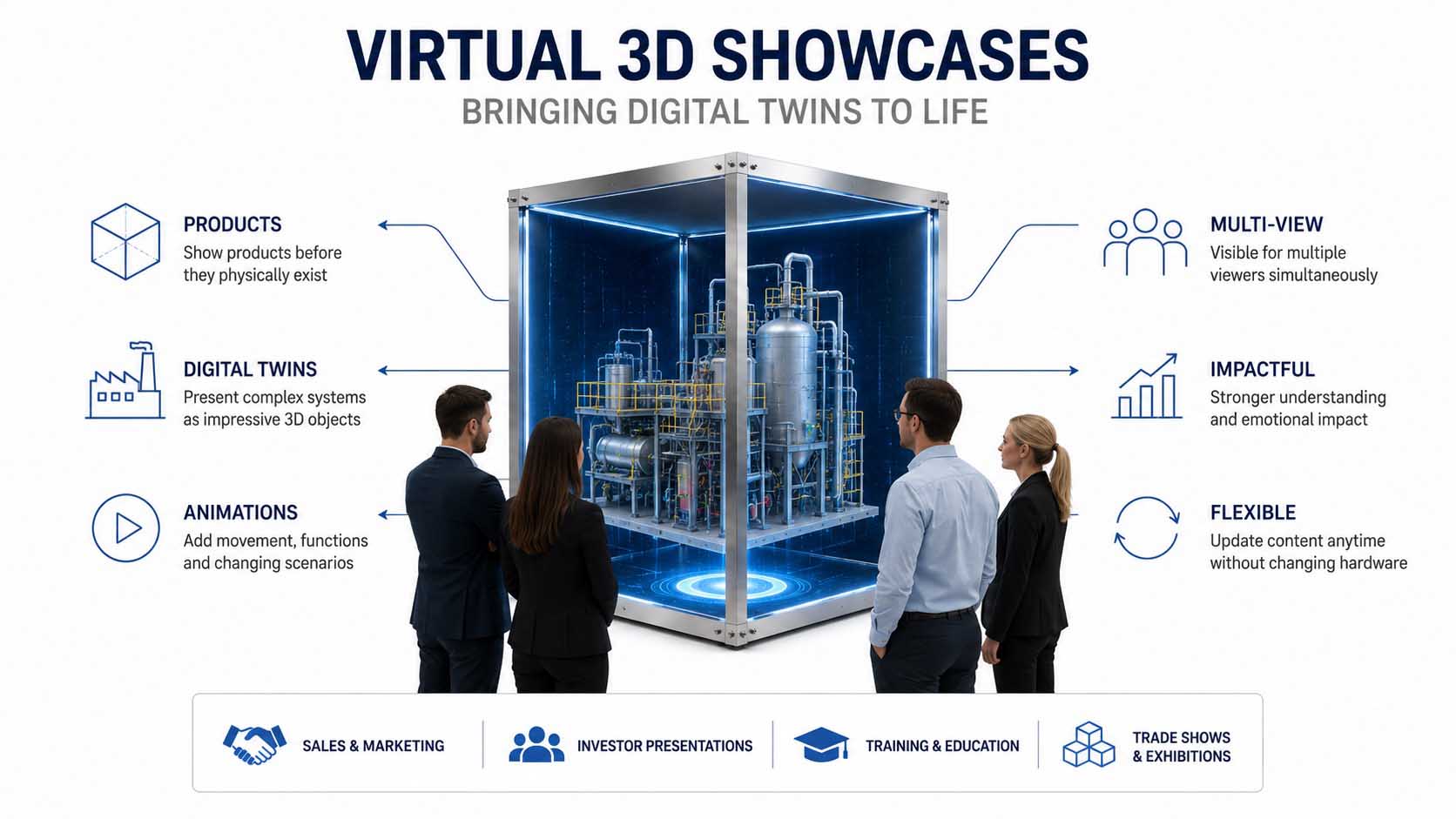 Moderner Messestand mit einer quadratischen LED-Panel-Installation im Zentrum, in deren Innerem der Digitale Zwilling eines Industrieprodukts, etwa eine Turbine oder ein Fahrzeugkonzept, animiert zu schweben scheint, mehrere Besucher stehen in unterschiedlichen Positionen um die Installation herum und betrachten sie gleichzeitig aus verschiedenen Winkeln