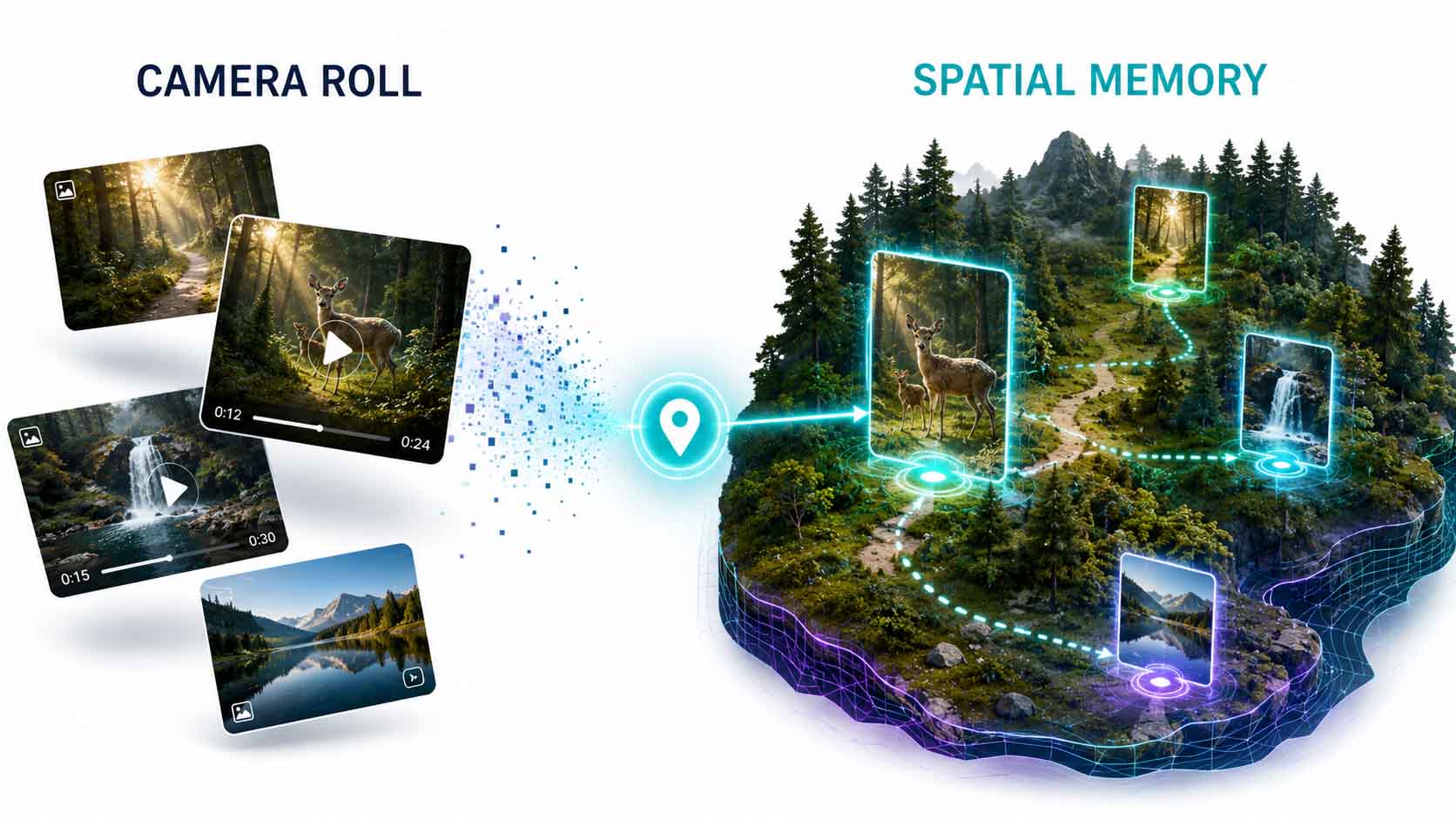 Split-Grafik: links eine lose Kamerarolle mit schwebenden, unverbundenen Fotos und Videos ohne erkennbaren Bezug zu einem Ort; rechts dieselben Aufnahmen, jetzt als kleine 3D-Portale exakt an Positionsmarkierungen auf einer Landkarte verankert, verbunden durch dünne Linien zwischen Bild und Ort