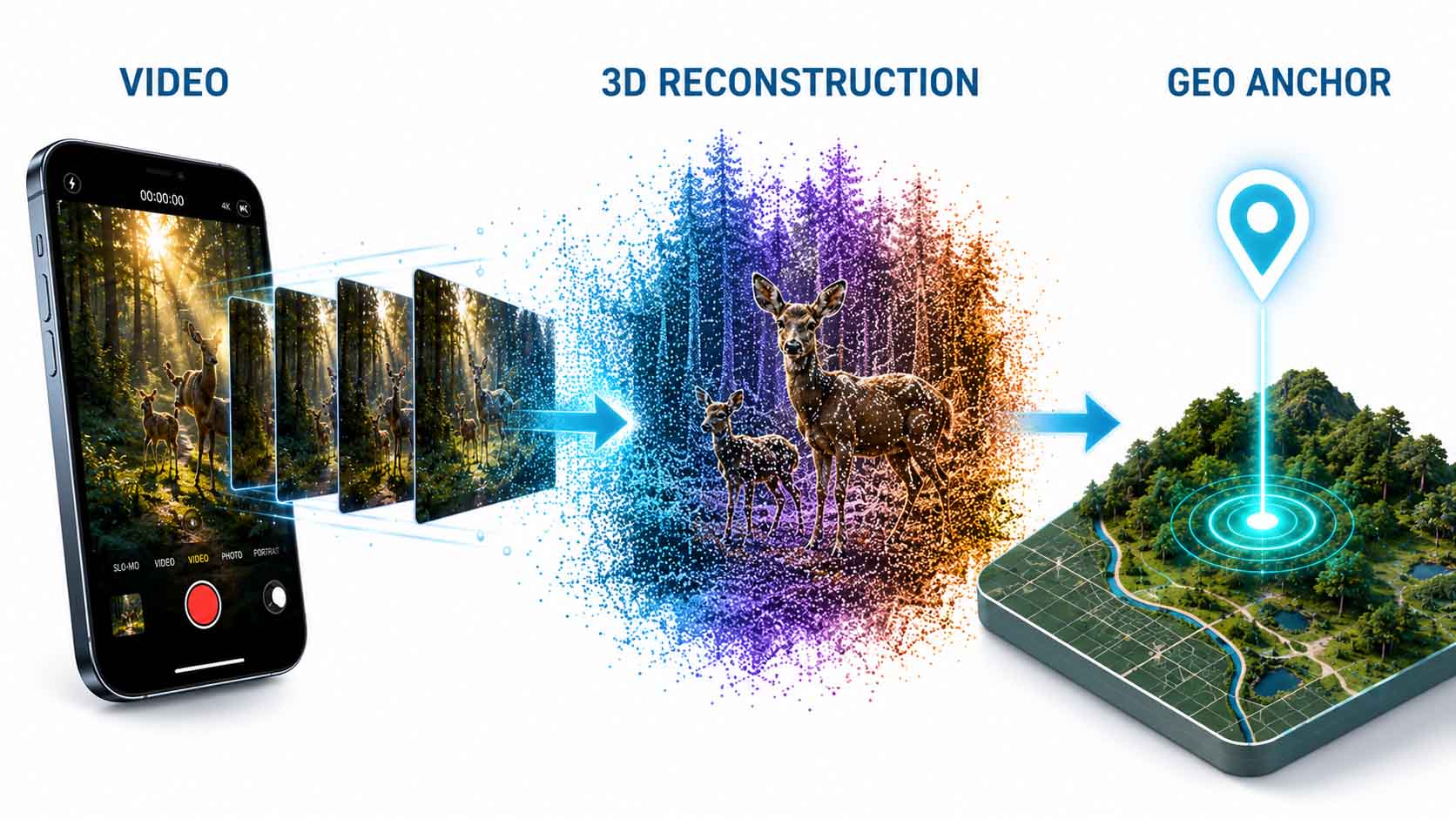 Dreiteilige Infografik: links ein Smartphone, das ein Video aufnimmt, in der Mitte ein Verarbeitungsschritt mit stilisierten 3D-Punktwolken, die aus den Videoframes entstehen, rechts ein GPS-Symbol, das die fertige 3D-Szene exakt auf einer Landkarte fixiert