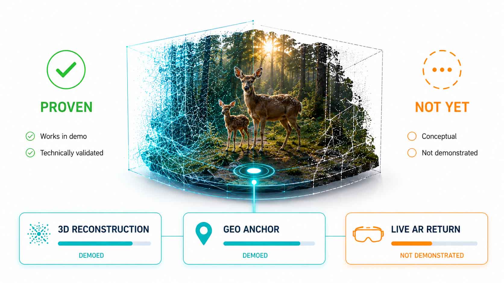 Waldweg-Foto mit einer halbtransparenten, gestrichelten 3D-Kontur an der Stelle, an der ein Hologramm erscheinen würde, versehen mit einem dezenten Baustellen- oder In-Arbeit-Symbol, um den Prototyp-Charakter zu verdeutlichen