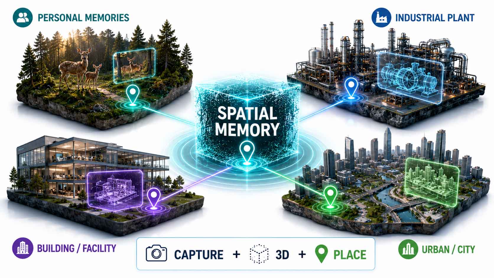 Zentrale Grafik mit der Beschriftung 'räumlich verankerte 3D-Information' in der Mitte, umgeben von vier verbundenen Bausteinen: persönliche Erinnerung, Facility-Dokumentation, Digitaler Zwilling einer Fabrik, Stadtplanung, im unteren Bereich eine gemeinsame Basisebene mit der Beschriftung 'Aufnahme plus 3D-Rekonstruktion plus Geo-Verankerung'
