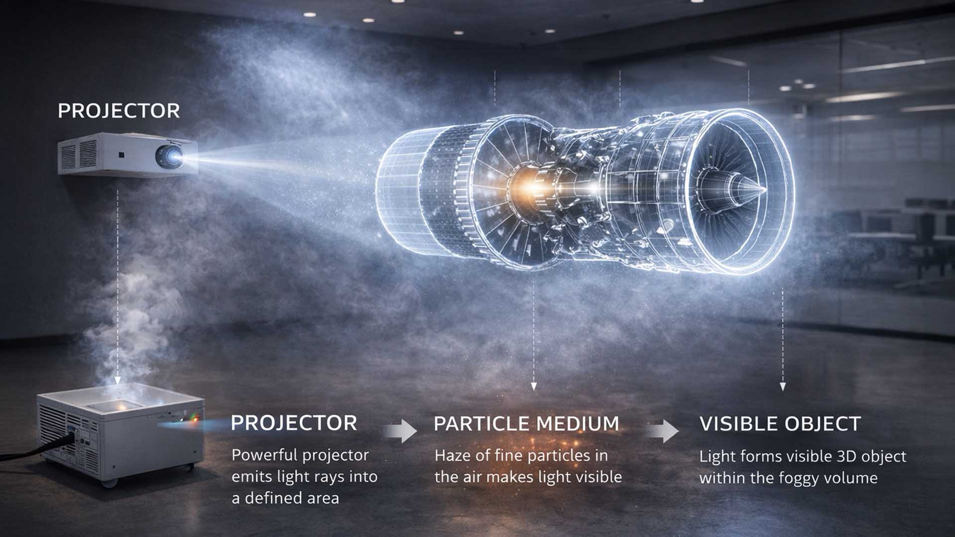 Räumliche Projektion einer Turbine in einem industriellen Showroom mit sichtbarem Nebel als Trägermedium