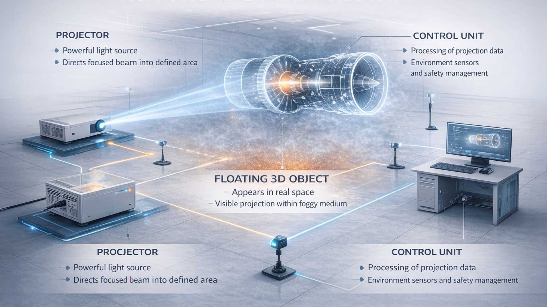 Technische Systemgrafik einer räumlichen Projektion mit Projektor, Partikelmedium und sichtbarem Objekt im Raum