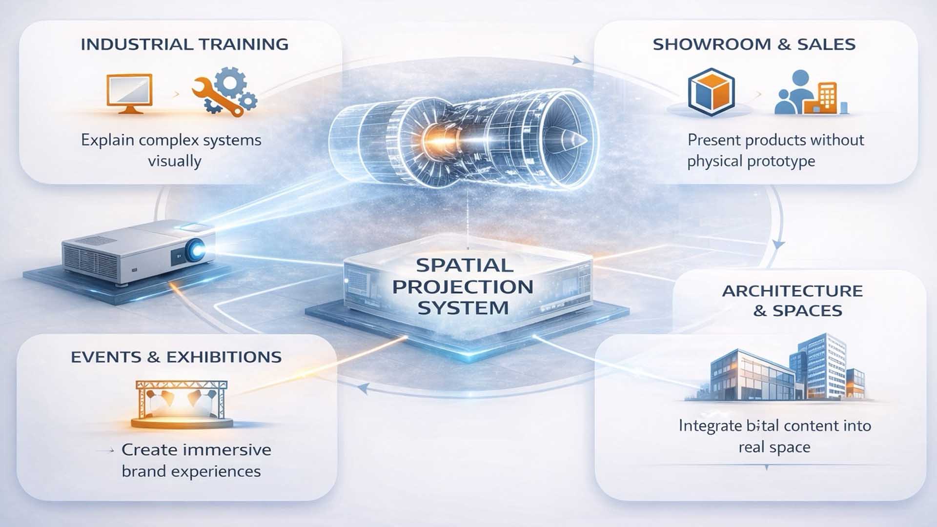 Use Case Map für räumliche Projektion mit Industrial Training, Showroom and Sales, Events and Exhibitions sowie Architecture and Spaces