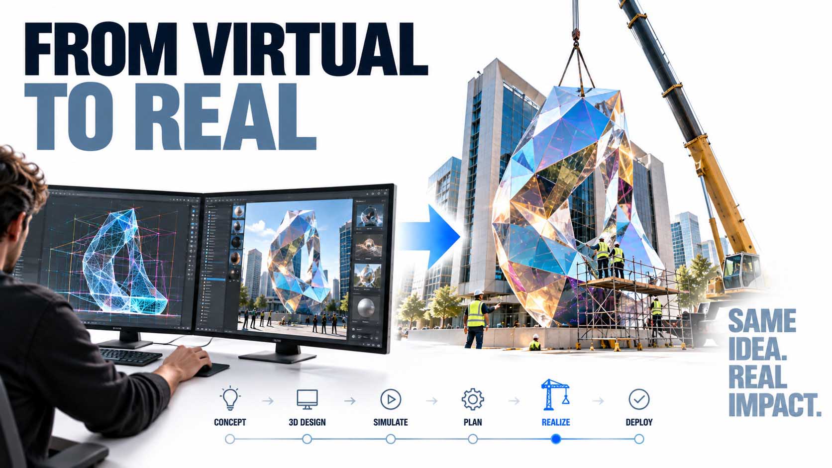 Vierteilige Infografik um ein zentrales Symbol für virtuelle Validierung: oben links eine komplette Fabrikhalle als digitales Wireframe-Modell, oben rechts ein B2B-Messestand in halbtransparenter 3D-Vorschau, unten links eine Stadtplanungsszene mit geplanten Gebäuden als Glasmodell, unten rechts das eingangs gezeigte Fledermaus-Logo über der Autobahn