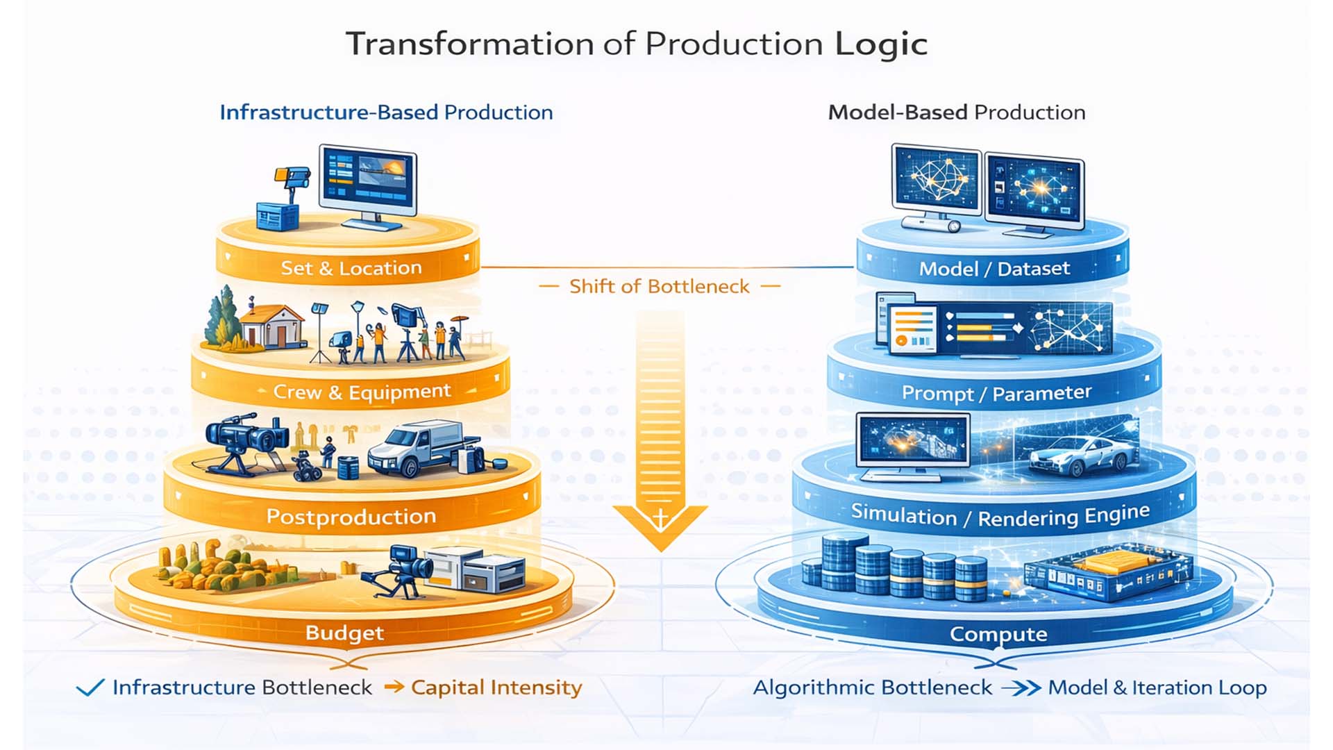 Transformation from infrastructure based production to model based production in programmable cinema