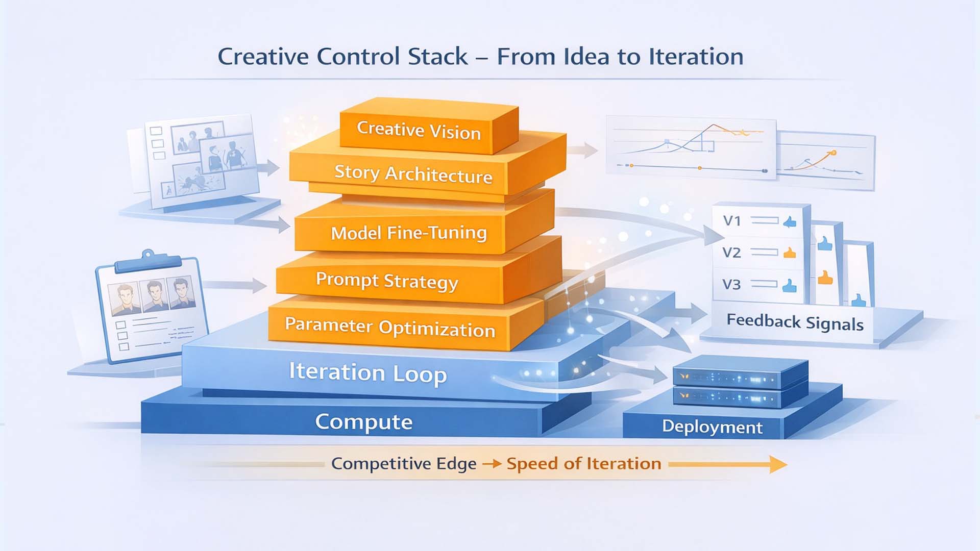 Creative control stack showing layers from creative vision to parameter optimization, iteration loop, compute, deployment, and feedback signals